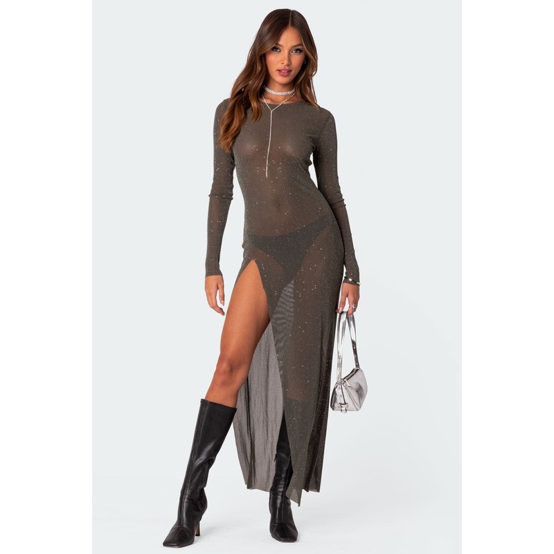 Glitter Mesh Slitted Maxi Dress OLIVE XS