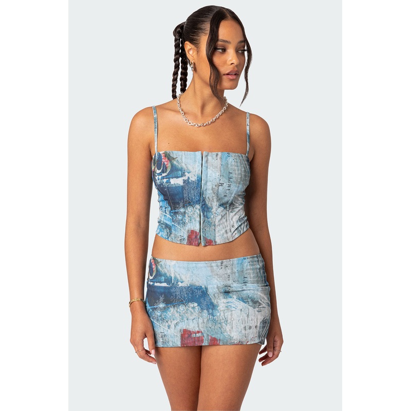 Love Letter Printed Mesh Corset BLUE XS
