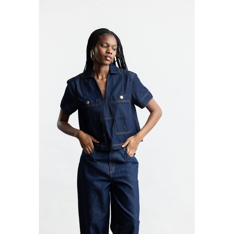 Ainsley Pop Over Denim Top _ 165867 _ Dark Blue 6 DARK BLUE