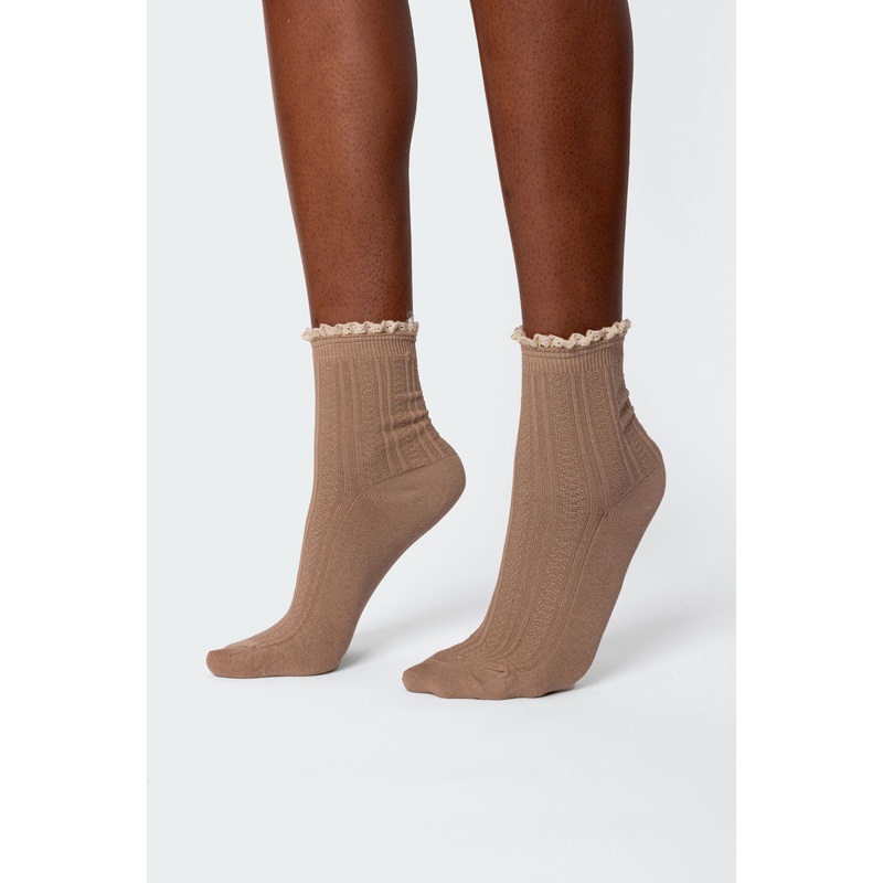 Frilled Pointelle Socks BROWN OS