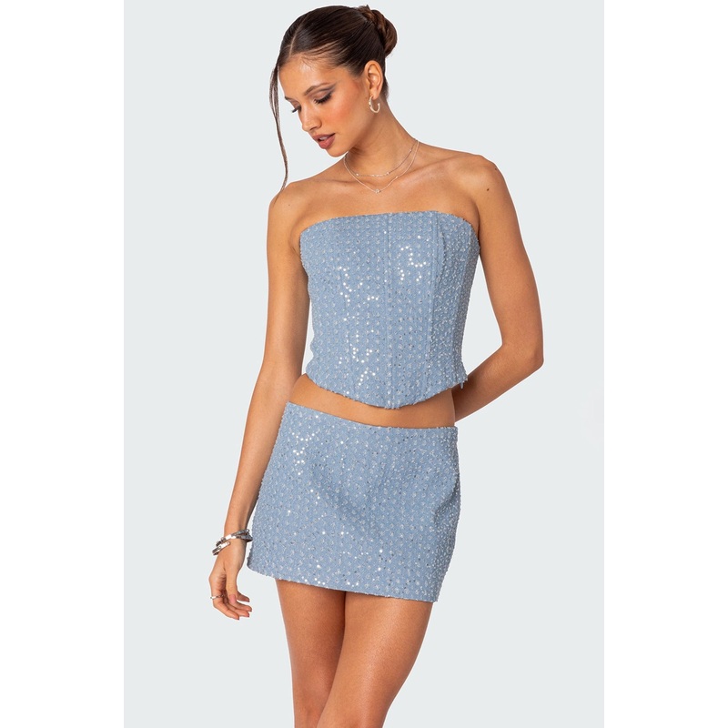 Icing sequined denim corset LIGHT BLUE XS