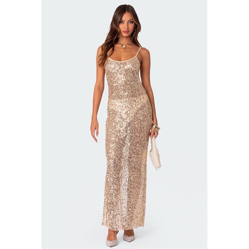 Sequin Sheer Mesh Maxi Dress GOLD XS