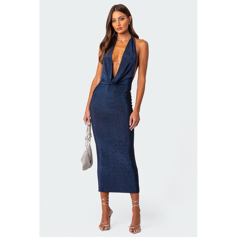 Cowl Neck Open Back Maxi Dress NAVY XS