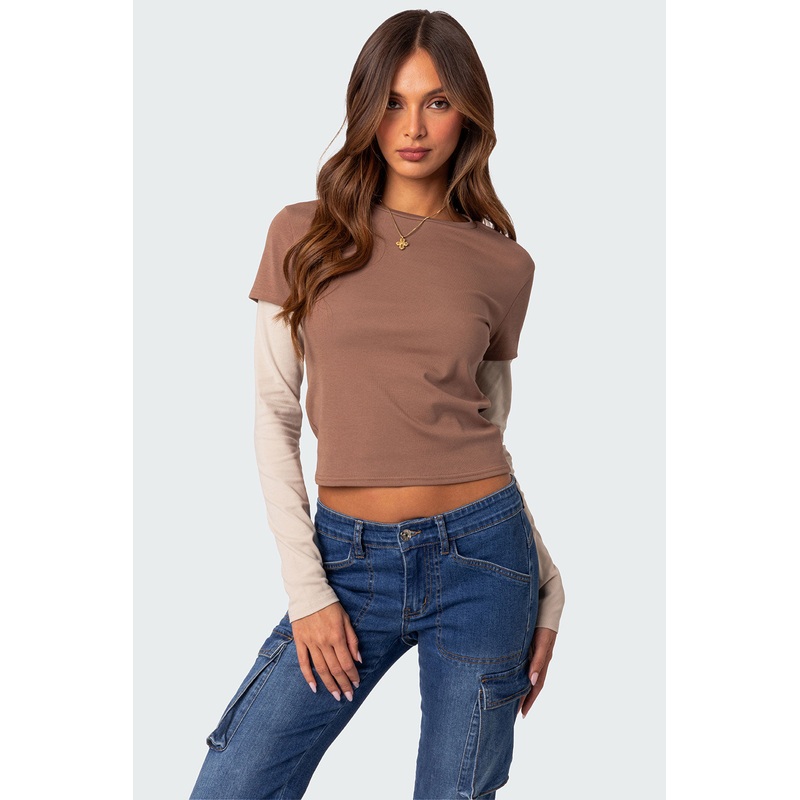 Mood Layered Long Sleeve T Shirt BROWN XS