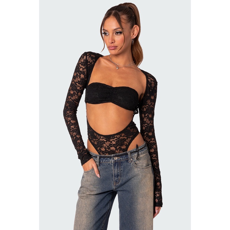 Zoey Sheer Lace Two Piece Bodysuit BLACK XS