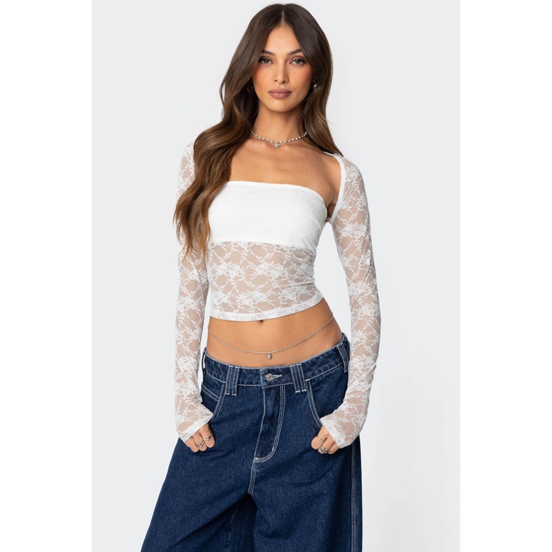 Addison Sheer Lace Two Piece Top WHITE XS