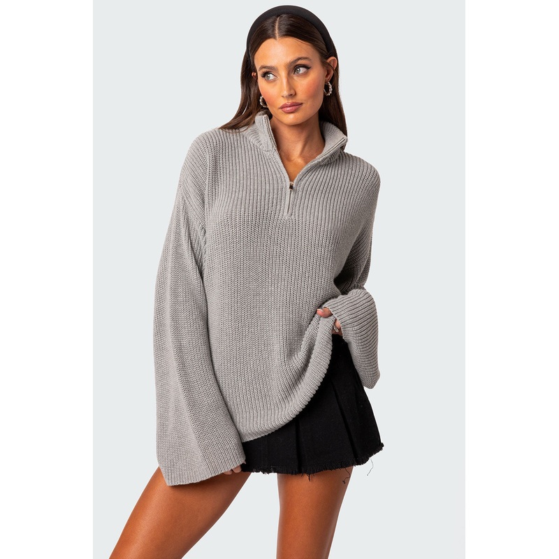 Amour High Neck Oversized Zip Sweater GRAY MELANGE XS