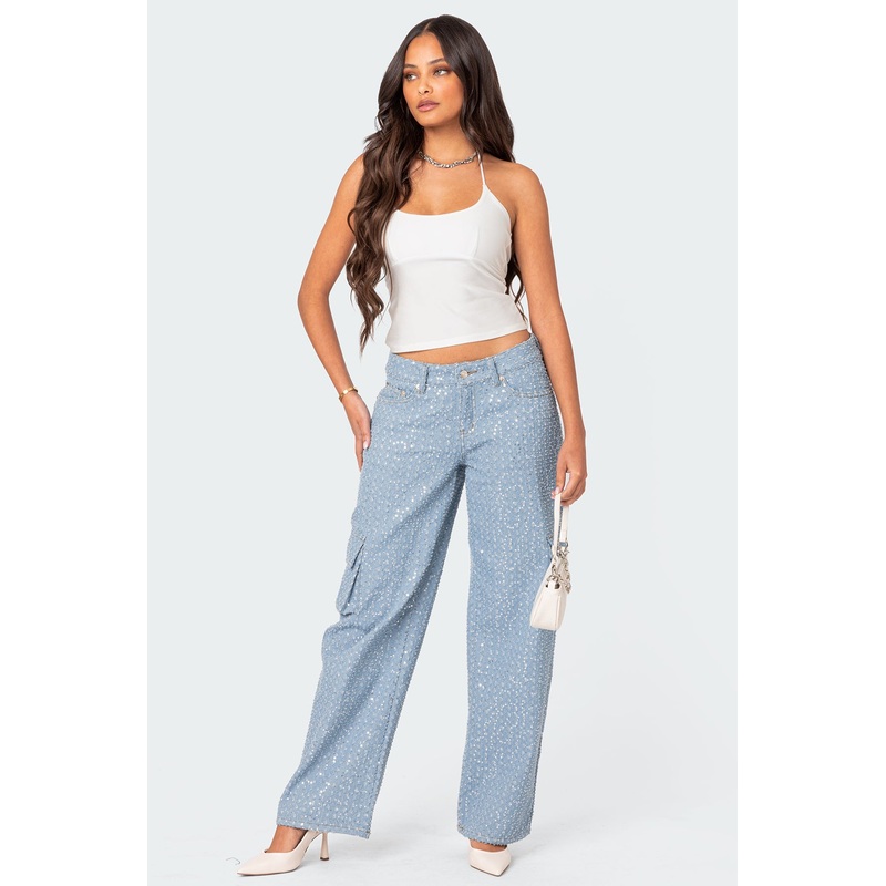 Icing Sequin Low Rise Cargo Jeans LIGHT BLUE XS