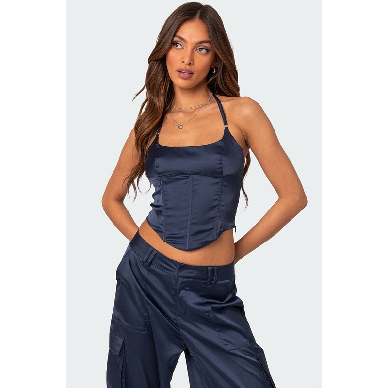 Kelsey Satin Effect Lace Up Corset NAVY XS