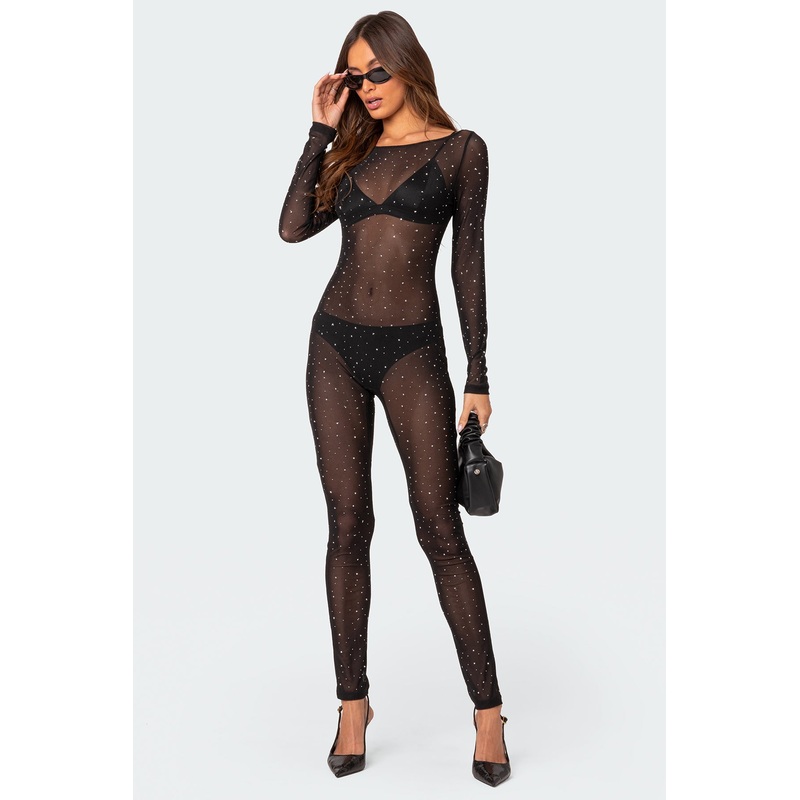 Kristine Sheer Mesh Rhinestone Jumpsuit BLACK XS