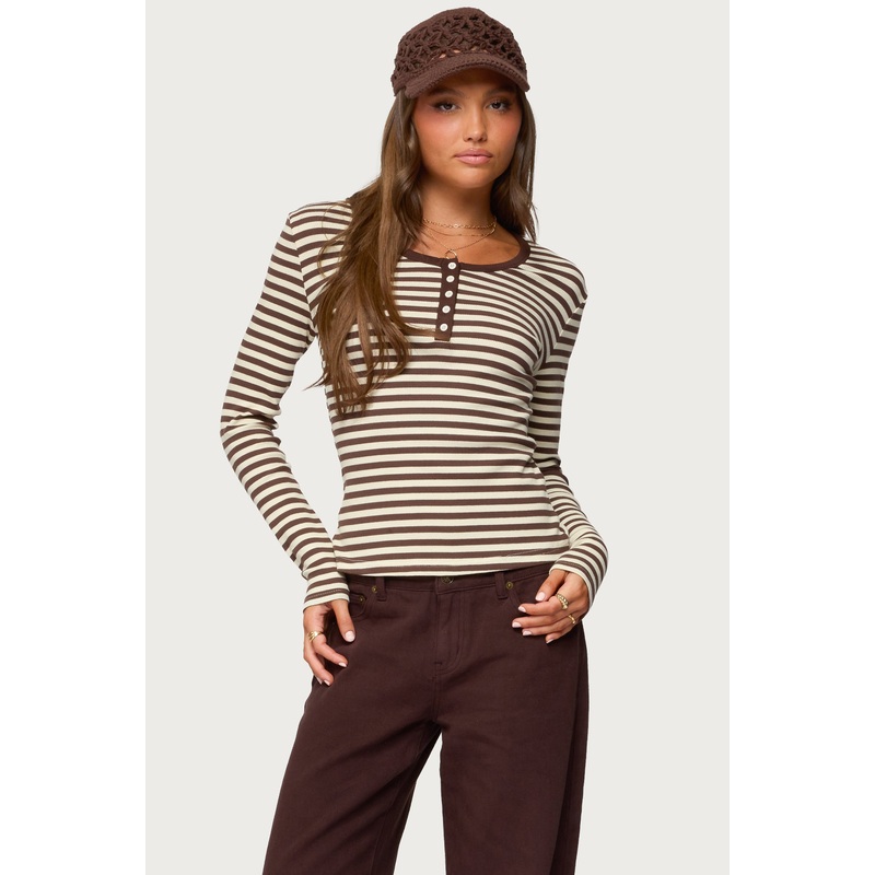 Roma Striped Henley Top BROWN XS