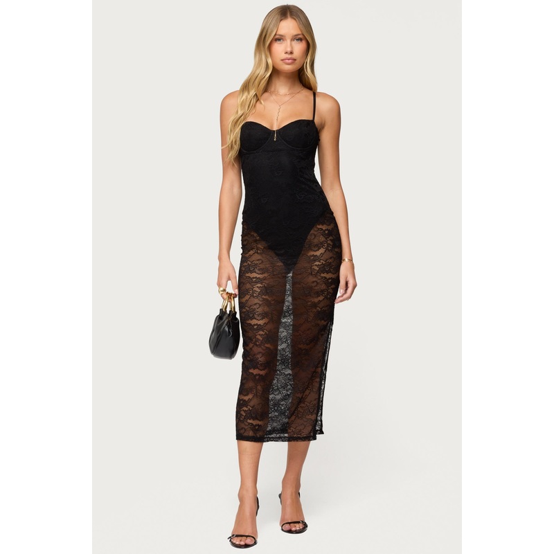 Sheer Lace Built In Bodysuit Midi Dress BLACK XS