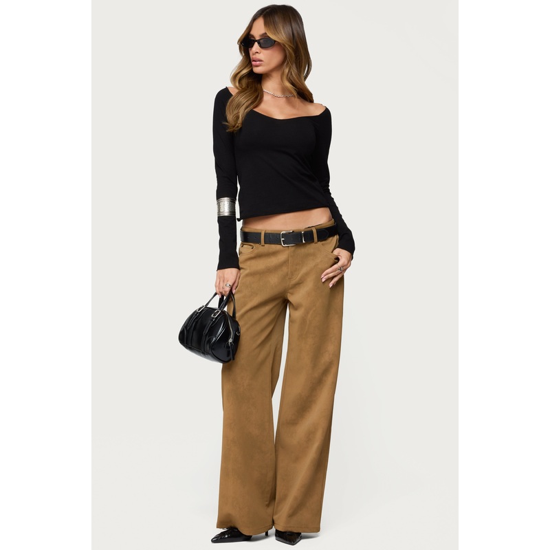 Stacey Low Rise Faux Suede Pants BROWN XS