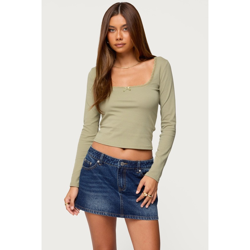 Mora Lace Trim Ribbed T Shirt SAGE XS