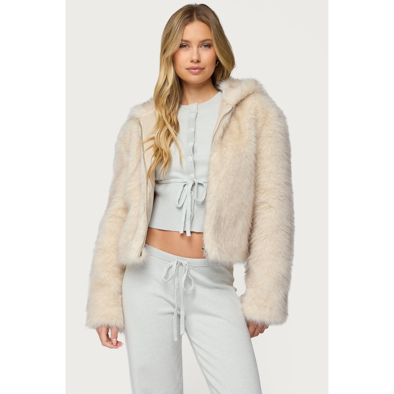 Beyonca Hooded Faux Fur Jacket BEIGE XS