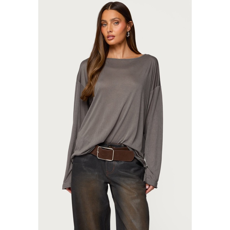 Oversized Semi Sheer Long Sleeve T Shirt GRAY XS