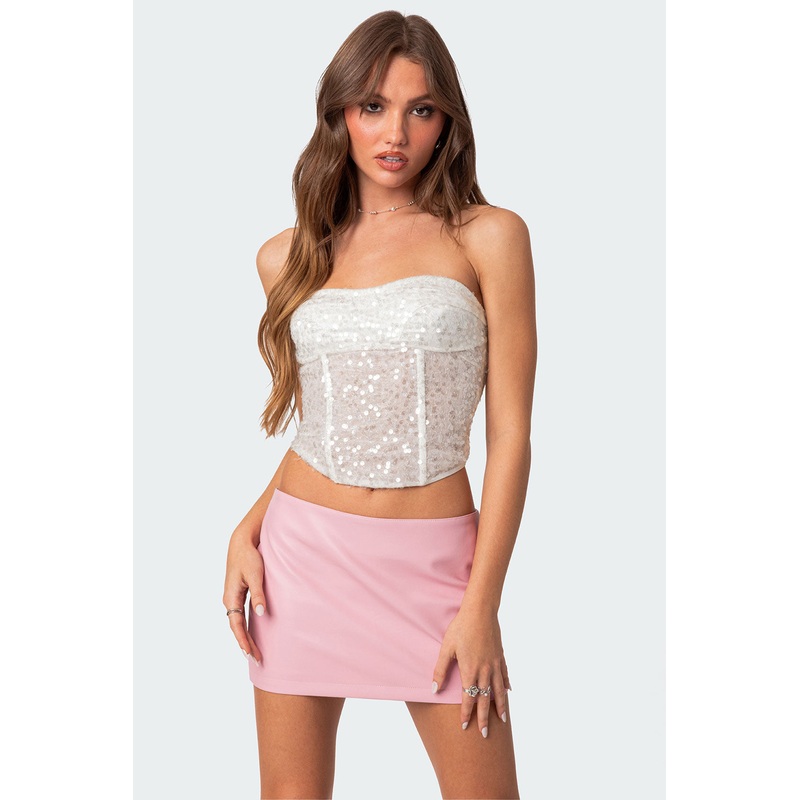 Semi Sheer Sequin Lace Up Corset WHITE XS