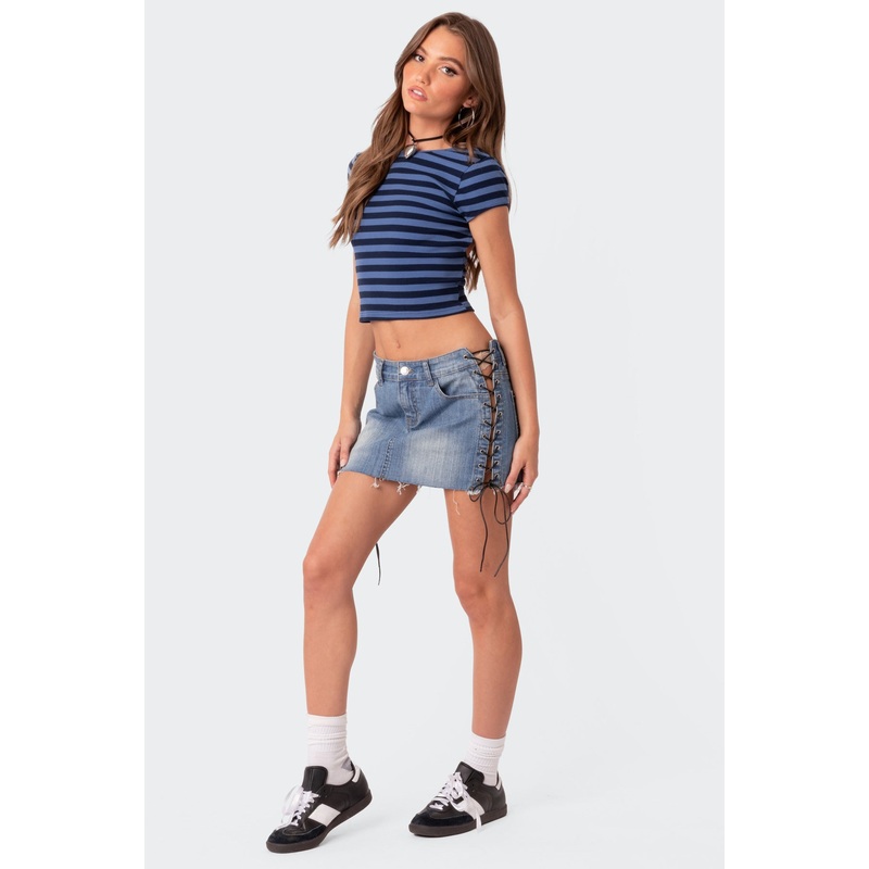 Side Lace Up Denim Mini Skirt BLUE WASHED XS