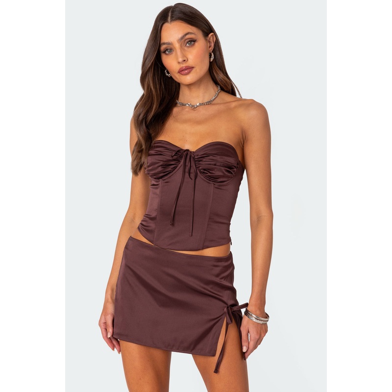 Bea Satin Effect Lace Up Corset BROWN XS