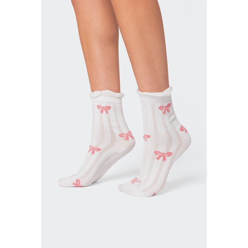 Bow Printed Socks WHITE OS