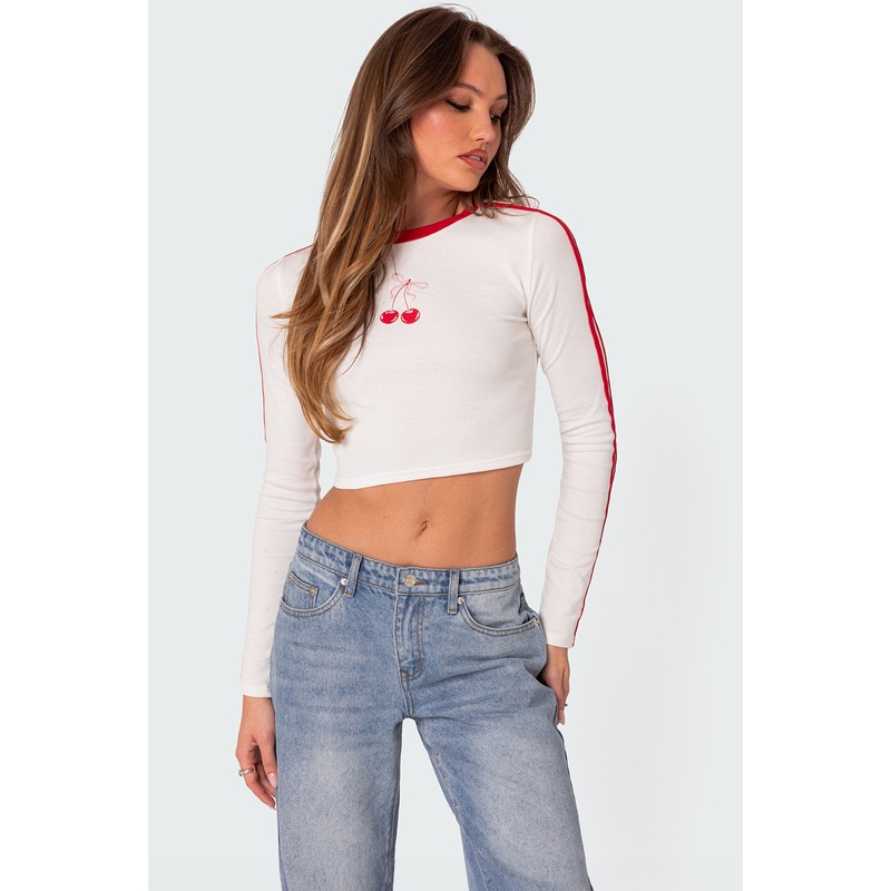 Cherry On Top Long Sleeve Cropped T Shirt WHITE XS