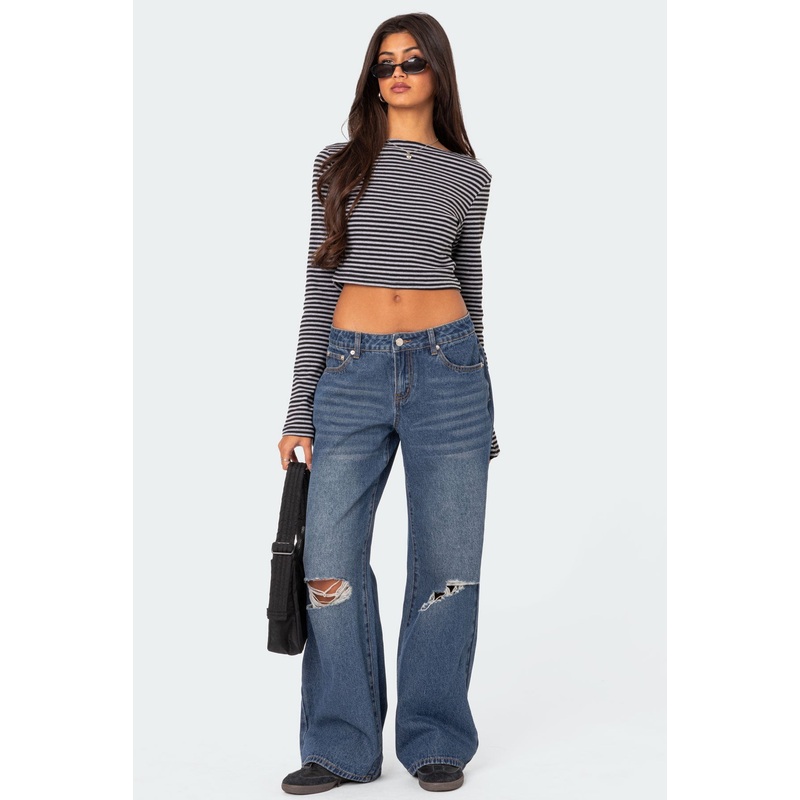 Debbie Distressed Low Rise Jeans INDIGO BLUE RAW WASHED XS