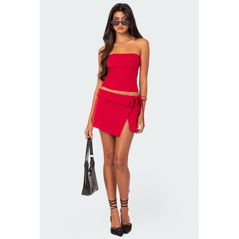 Selena Asymmetric Wrap Mini Skirt RED XS