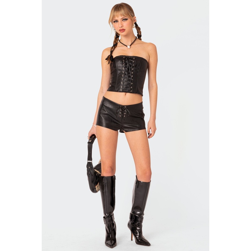 Wilde Lace Up Faux Leather Shorts BLACK XS