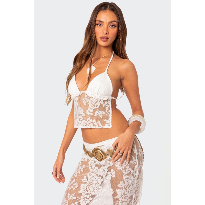 Bess Open Back Sheer Lace Top WHITE XS