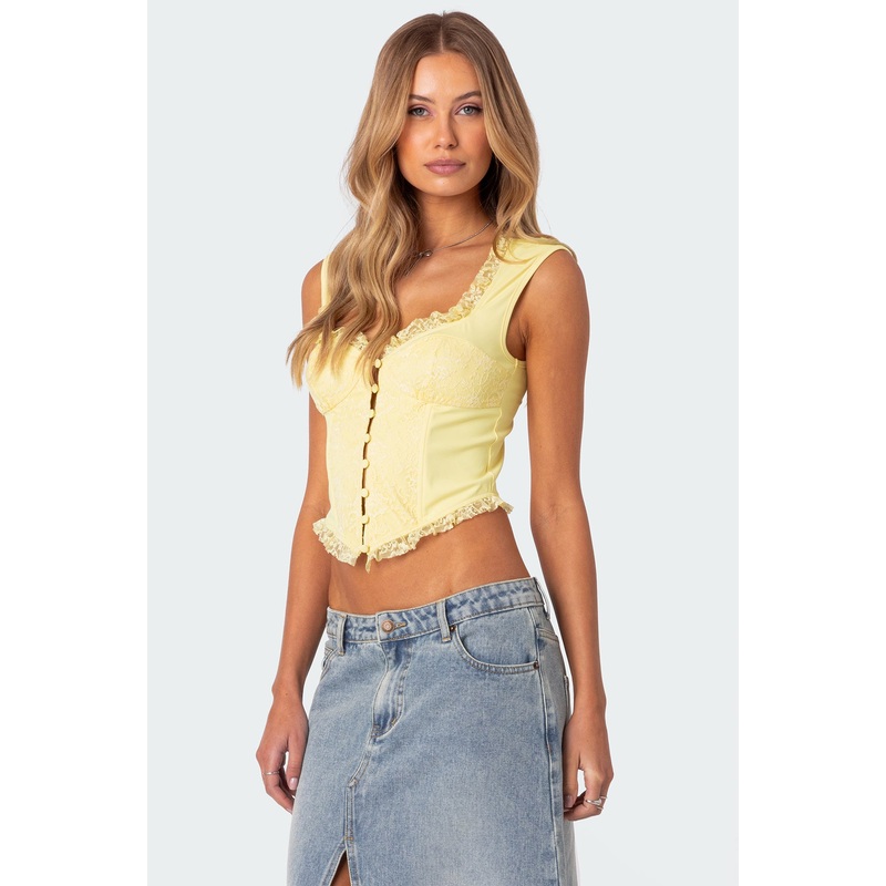 Button Front Lacey Corset YELLOW XS
