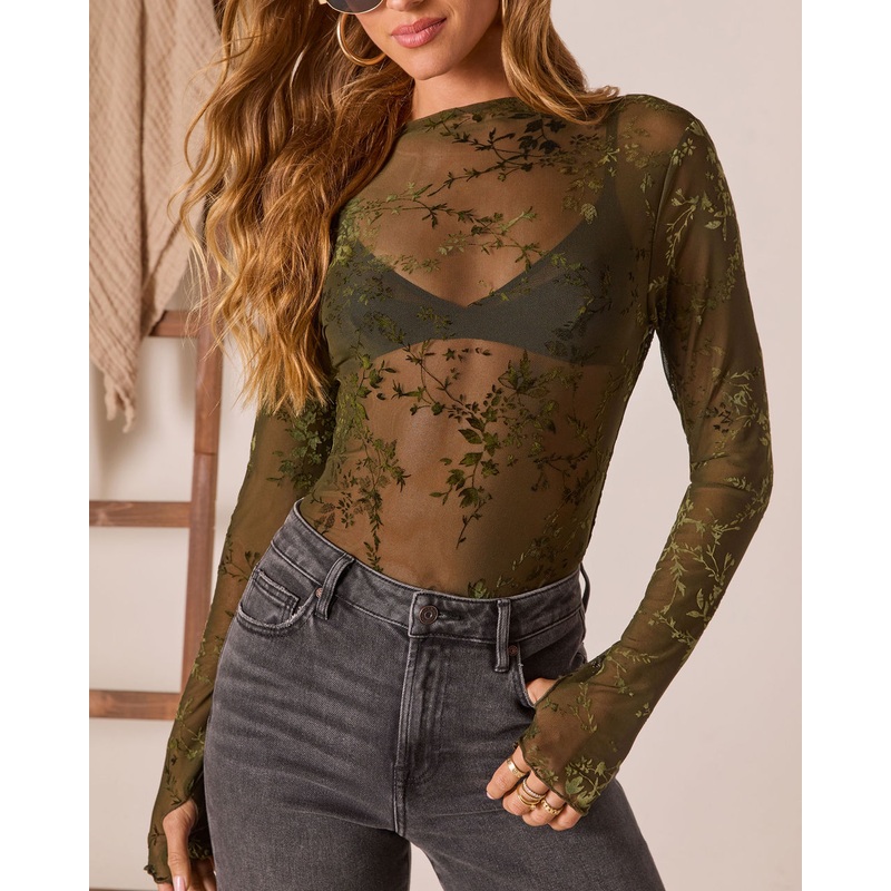 Honey Moon Mock Neck Top Olive S