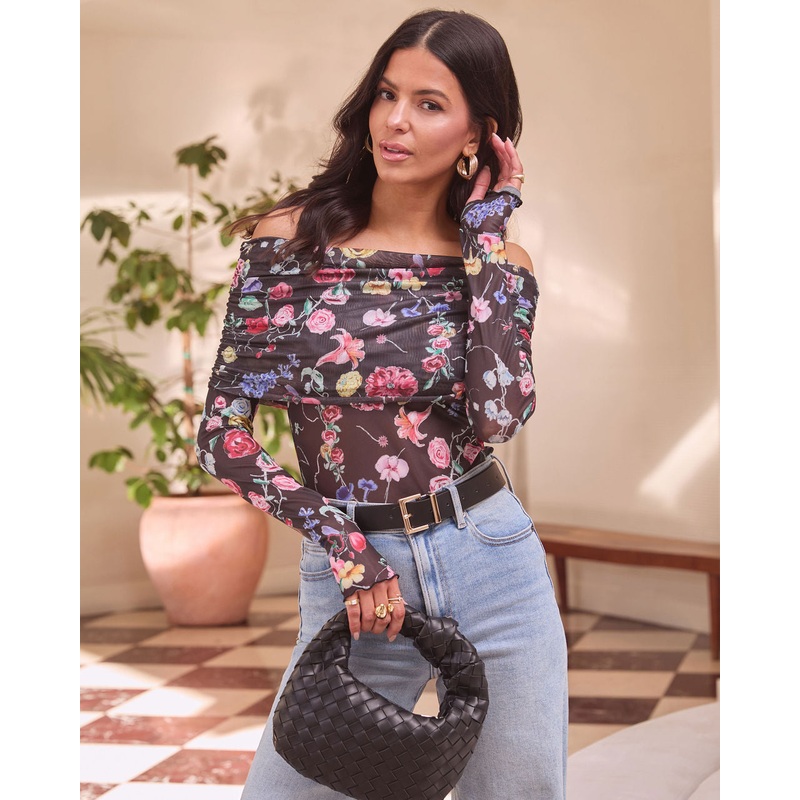 Imogene Floral Off Shoulder Bodysuit Black XS