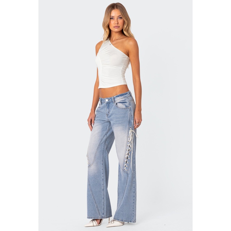 Low Rise Ribbon Lace Up Jeans LIGHT BLUE XS