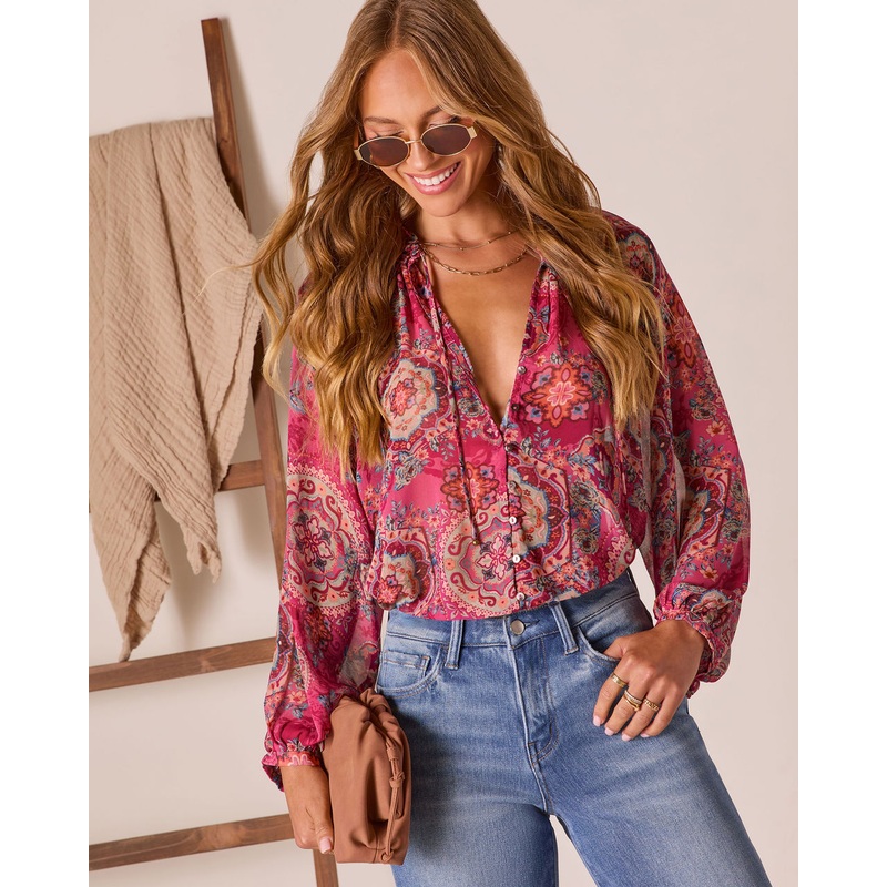 Tide Folk Peasant Boho Top Mauve Paisley S