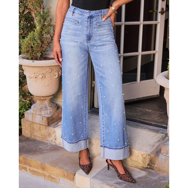 Gemstone Blues Stretch Pearl Embellished Jeans Light Wash XS