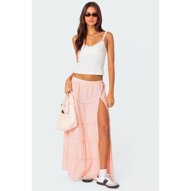 Tiered Eyelet Slitted Maxi Skirt LIGHT PINK XS