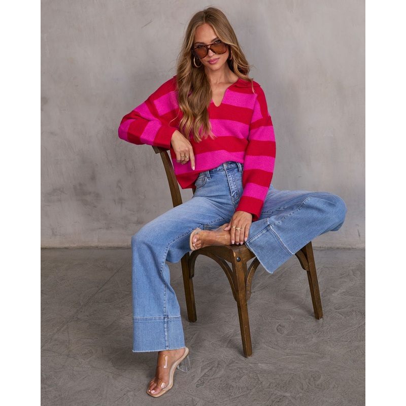 Violette Striped Collared Sweater Red/Pink XS