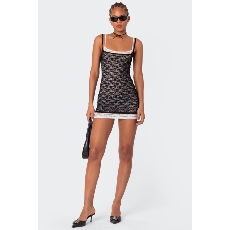 Vivian Layered Lace Mini Dress BLACK AND WHITE XS