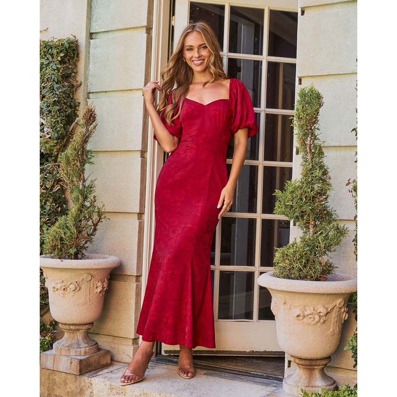 Whispers of Paris Puff Sleeve Maxi Dress Red Floral XS