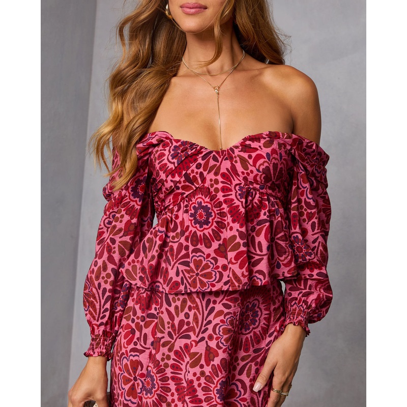 Amber Hour Off The Shoulder Top Pink Print XS