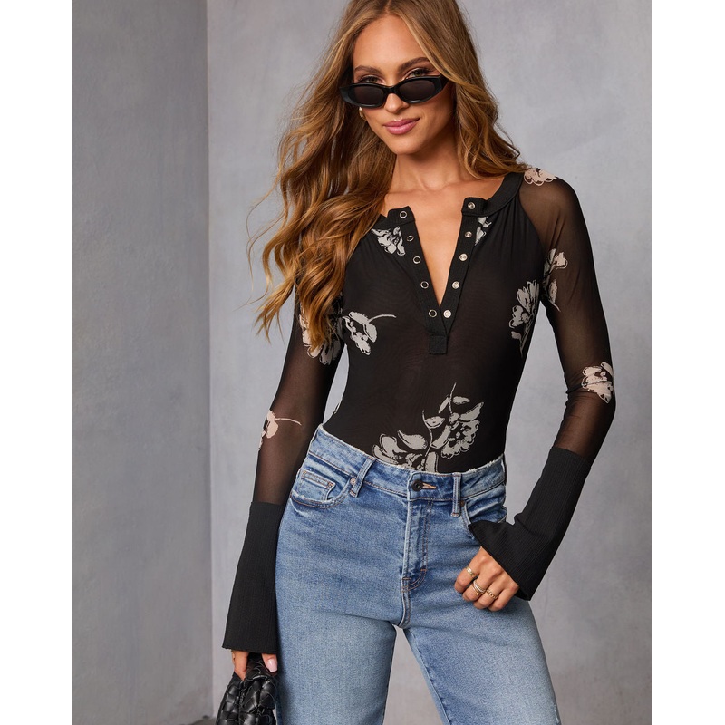 Ash Petals Mesh Partial Button Top Black S