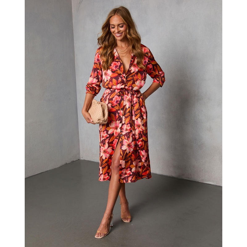 Fall Gardens Floral Satin Midi Dress Bronze Leaf XS
