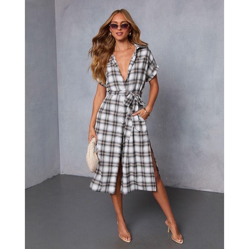 Janai Plaid Waist Tie Midi Shirt Dress Ivory/Black S