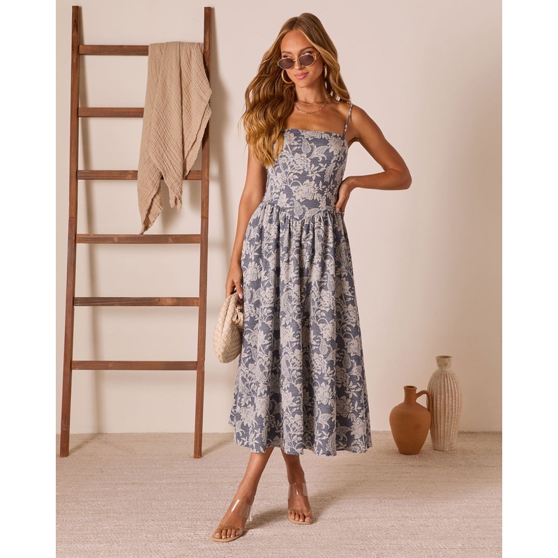 Lily Dream Chambray Maxi Dress Denim Floral S