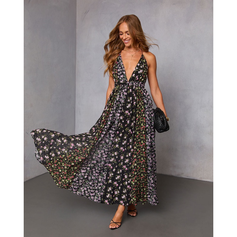Meliena Contrast Panel Maxi Dress Black Floral XS