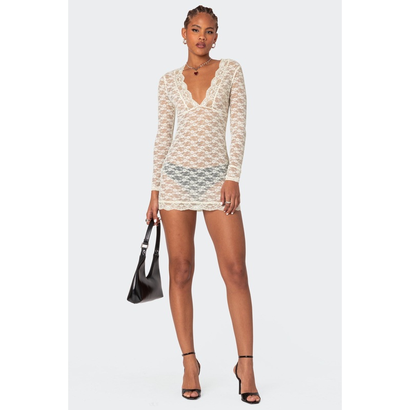 Beck Plunge Neck Sheer Lace Mini Dress CREAM XS