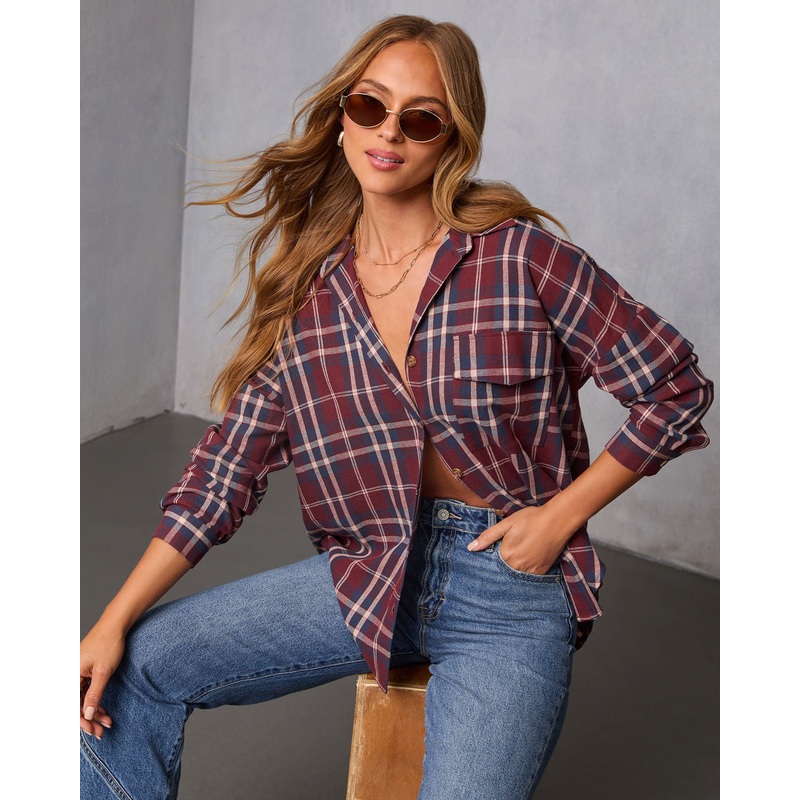 English Ivy Plaid Button Down Top Burgundy Plaid S