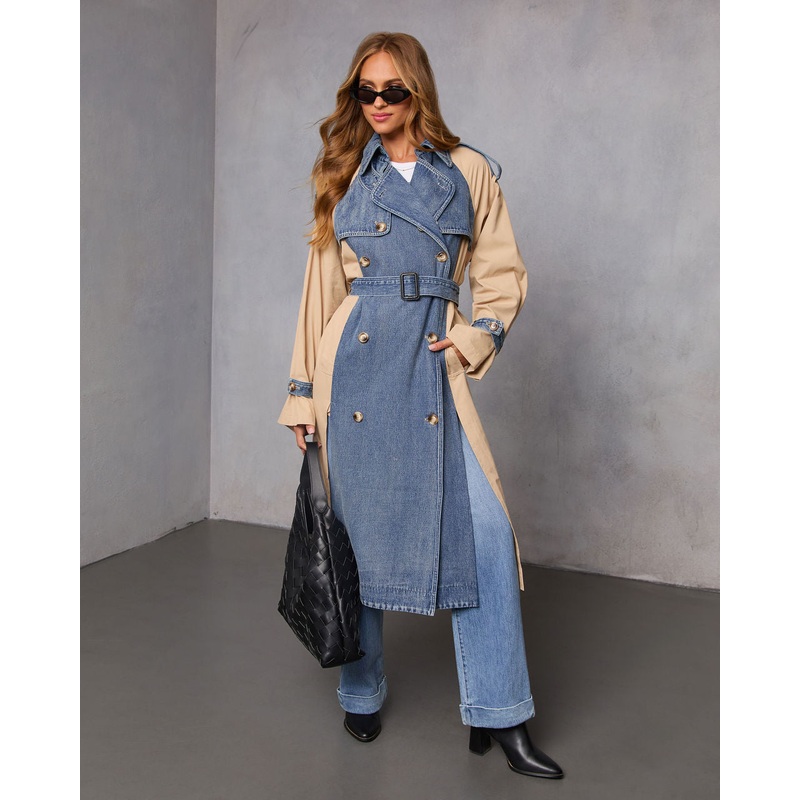 Fallen Oak Color Block Denim Trench Coat Denim Multi XS
