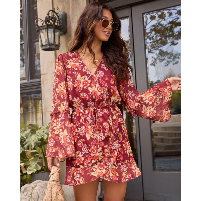 Honeycrisp Floral Waist Tie Mini Dress Red XS