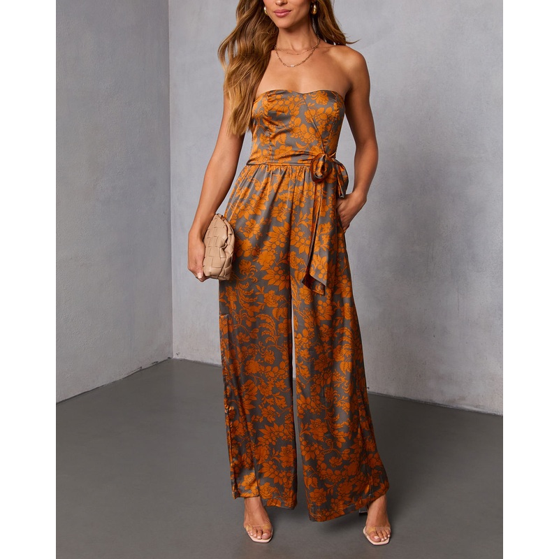 Janiva Satin Wrap Tie Jumpsuit Orange Floral S